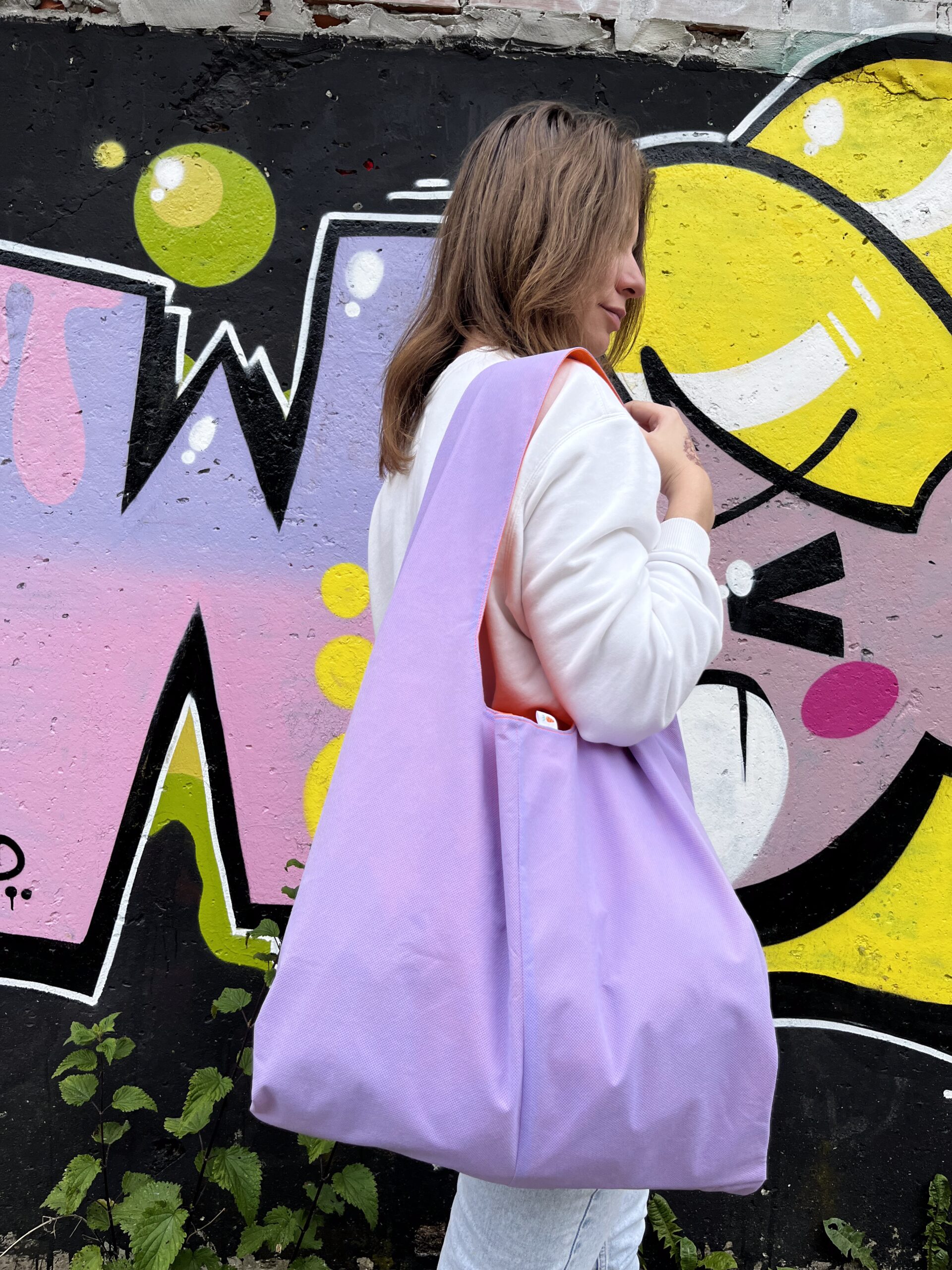 шопер рік бузкового кольору з довгими ручками